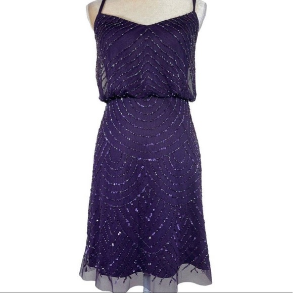 Adrianna Papell Eggplant Strappy Beaded Art Deco Mini Dress Size 2 missing beads - Picture 1 of 3
